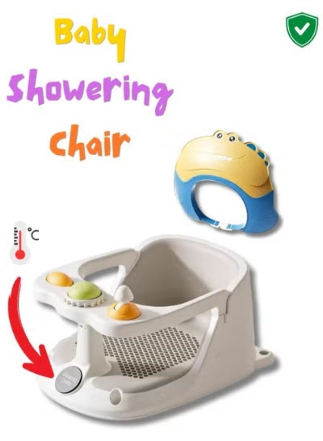 Adjustable Baby Bath Chair with Thermometer Safe Non-Slip Bath Stool for Infants & Toddlers, Learn-to-Sit Bath Seat with  Baby Shower Cap - Image 1